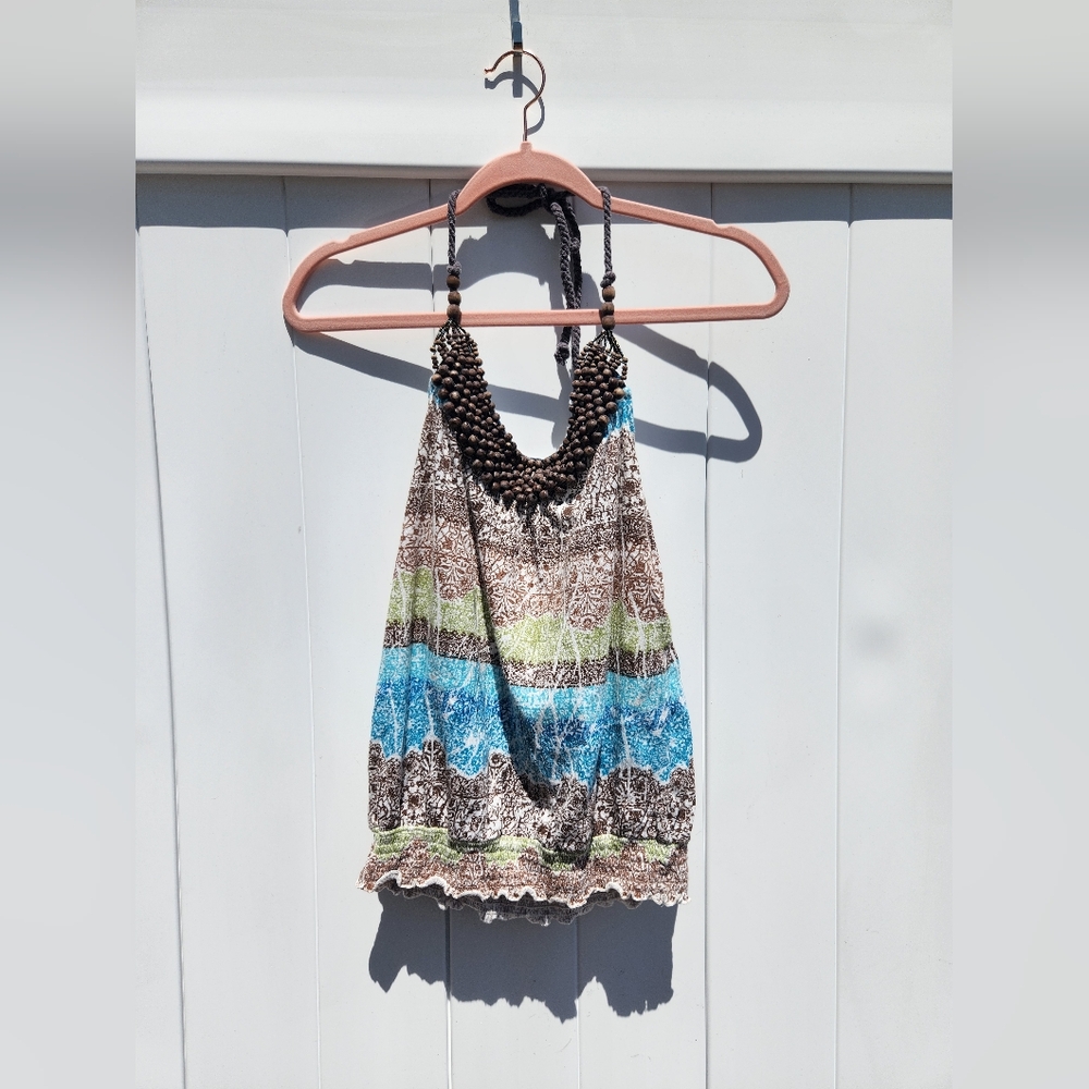 Womens Rouched Halter Top | Beaded Design | Y2K | Size Larger